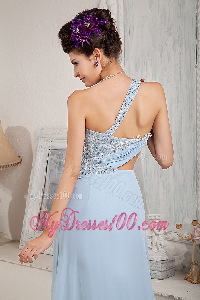 Light Blue Column One Shoulder Prom Dress with Slits on the Side