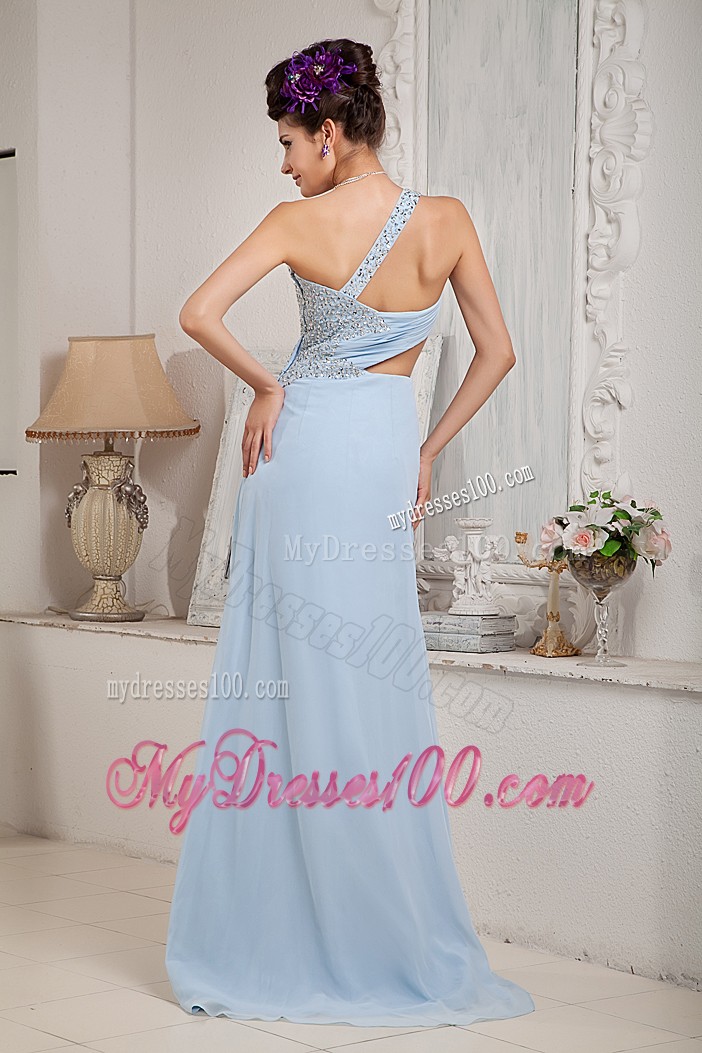 Light Blue Column One Shoulder Prom Dress with Slits on the Side