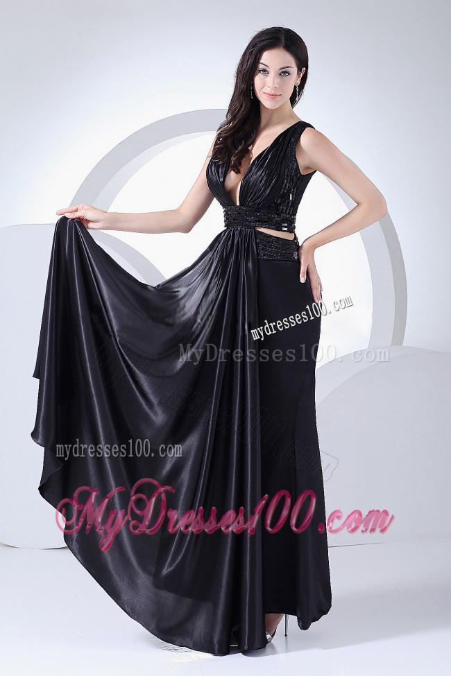 Sexy V-neck Ruched Elastic Woven Satin Empire Prom Dresses
