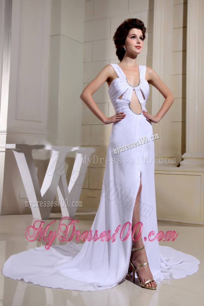 Sexy White Court Train High Slit Prom Dresses with Cutouts and Beading