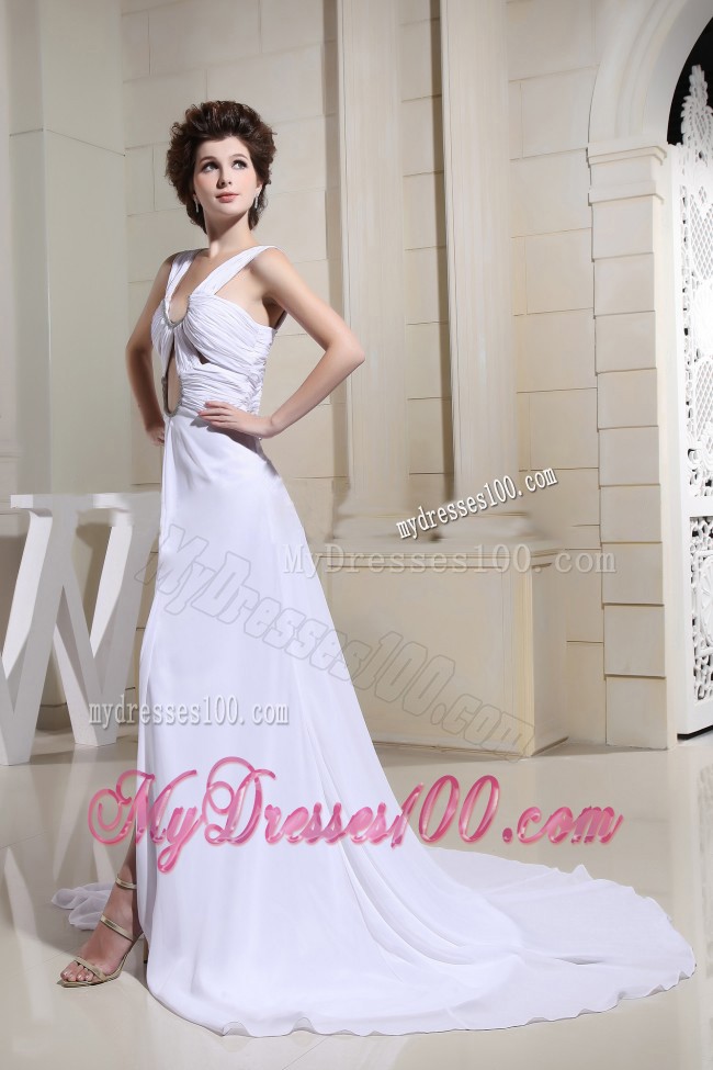 Sexy White Court Train High Slit Prom Dresses with Cutouts and Beading