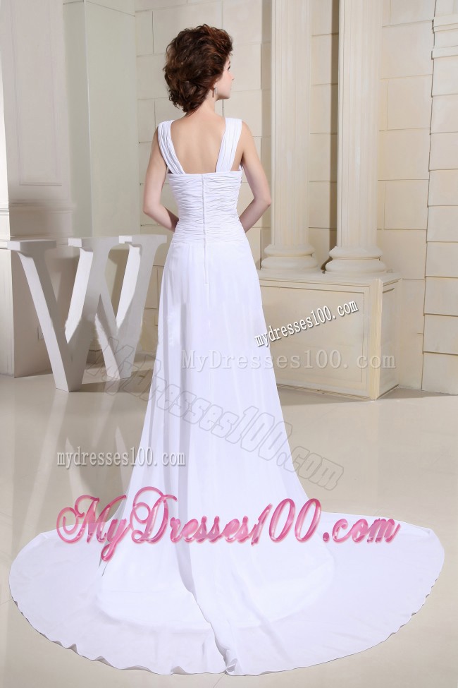 Sexy White Court Train High Slit Prom Dresses with Cutouts and Beading
