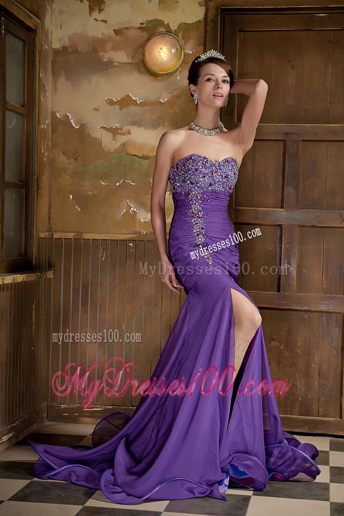 Purple Mermaid Sweep Train Chiffon Prom Dress with Beadings