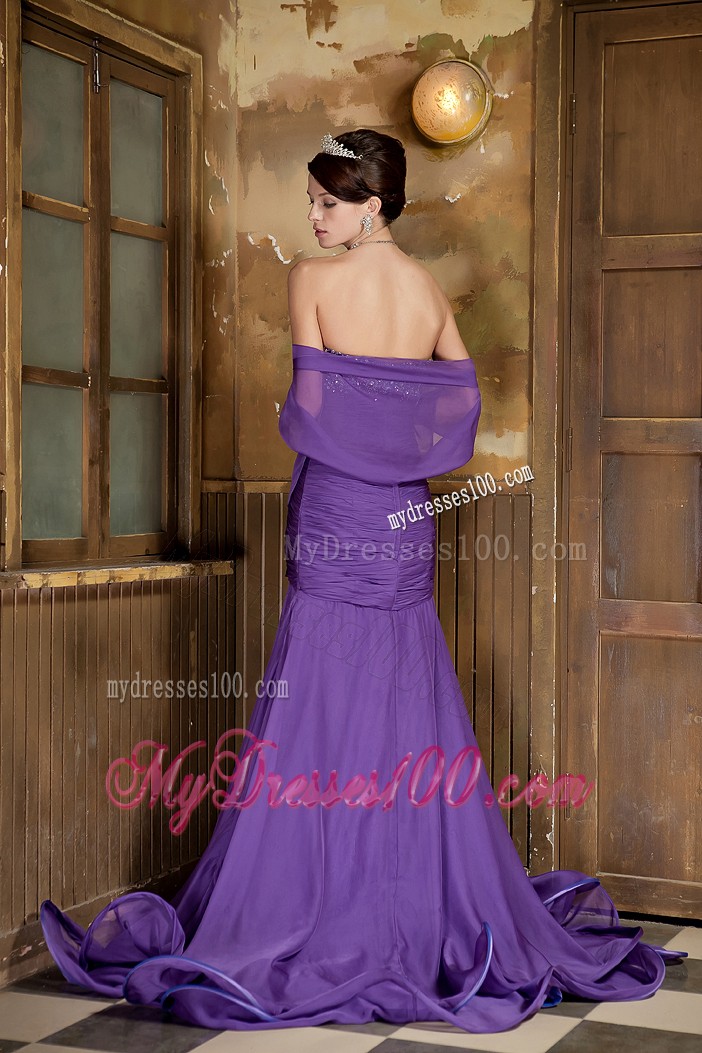 Purple Mermaid Sweep Train Chiffon Prom Dress with Beadings