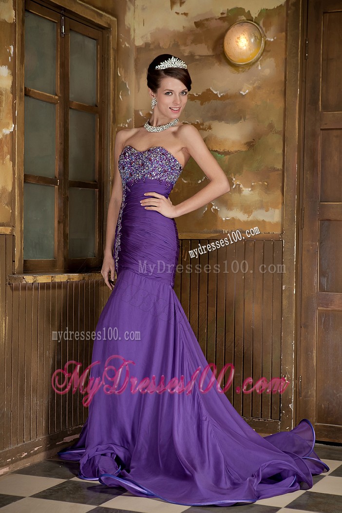 Purple Mermaid Sweep Train Chiffon Prom Dress with Beadings