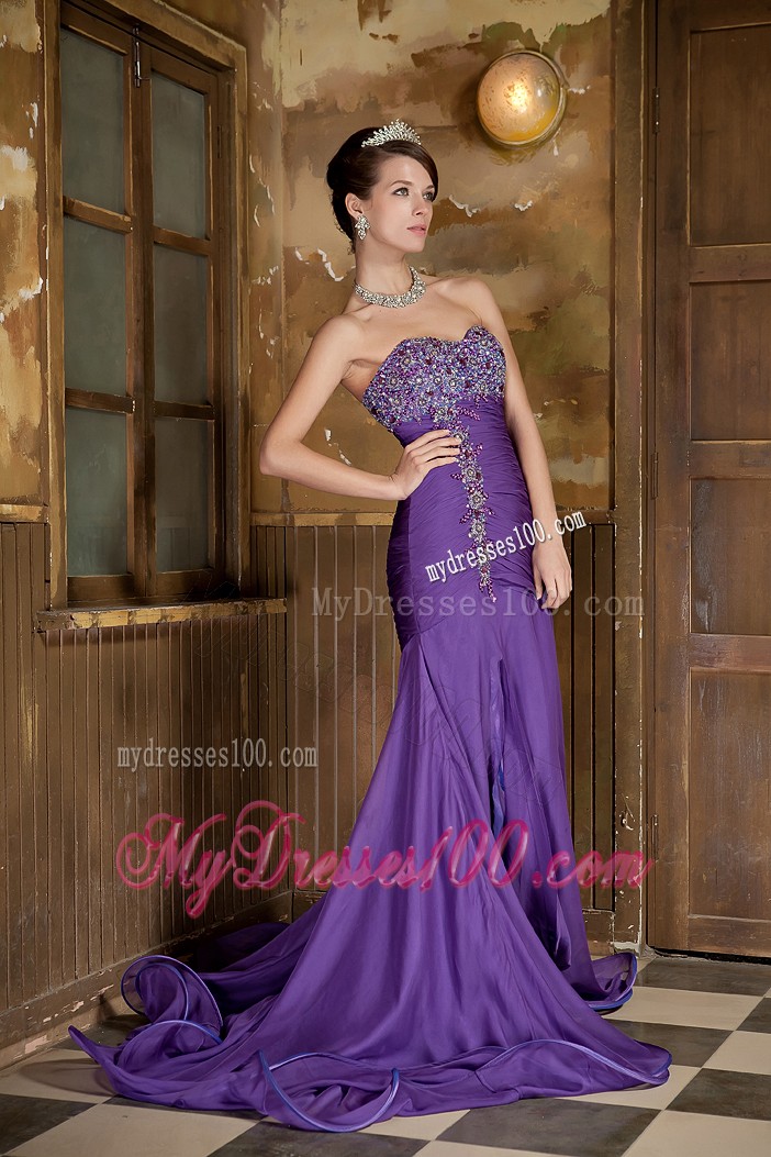Purple Mermaid Sweep Train Chiffon Prom Dress with Beadings