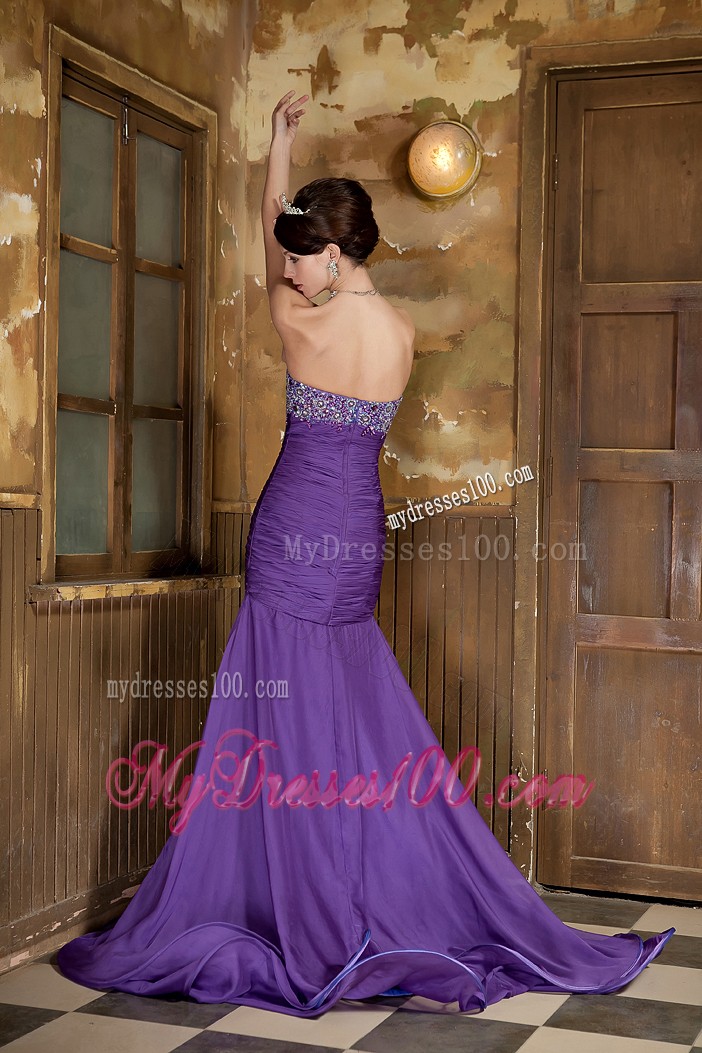 Purple Mermaid Sweep Train Chiffon Prom Dress with Beadings