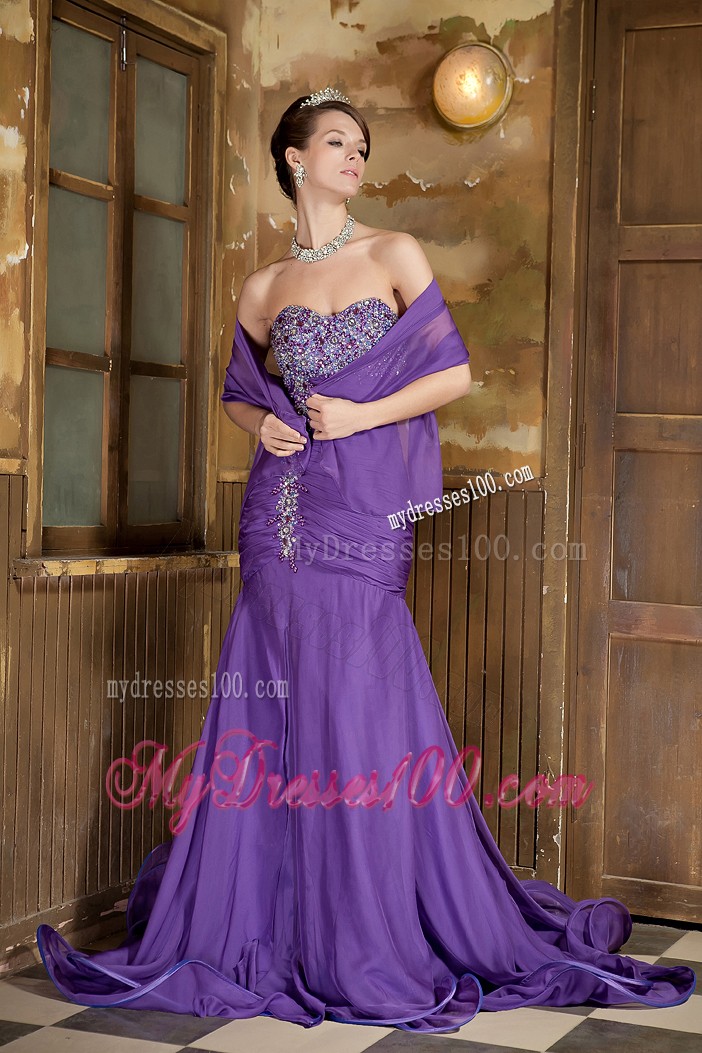 Purple Mermaid Sweep Train Chiffon Prom Dress with Beadings