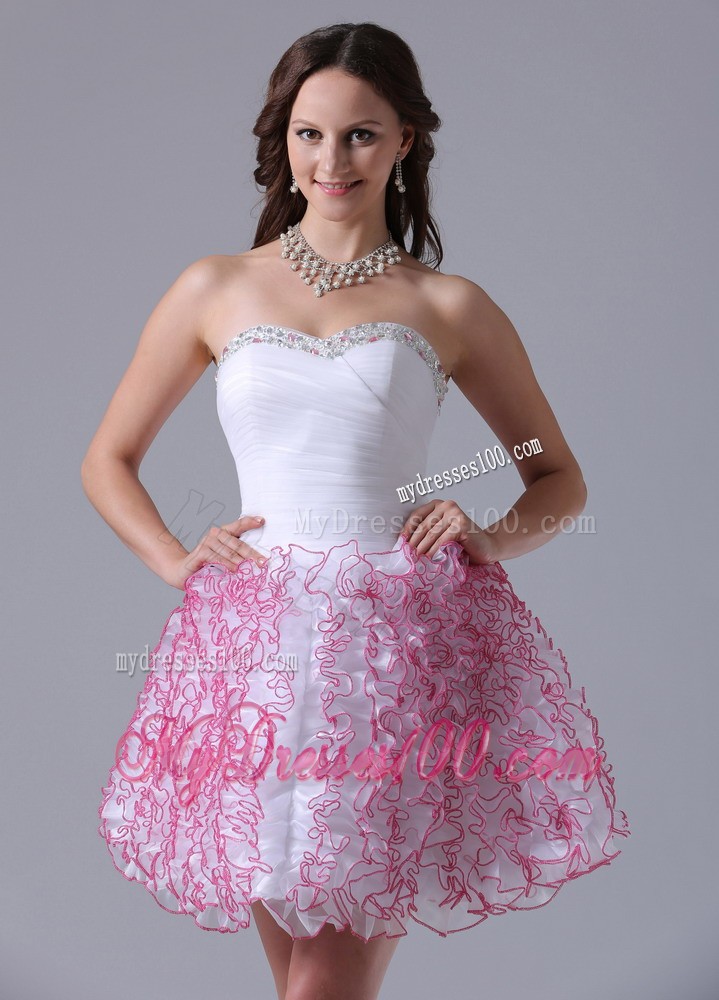 Mini-Length a-Line Sweetheart Ruffled Prom Party Dress in White and Red