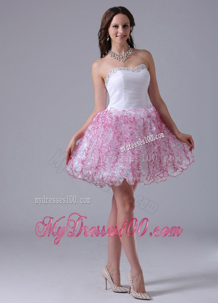 Mini-Length a-Line Sweetheart Ruffled Prom Party Dress in White and Red