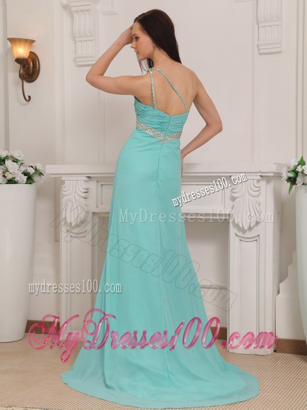 Column Beading Decorated One Shoulder High Slit Prom Dresses in Aqua Blue