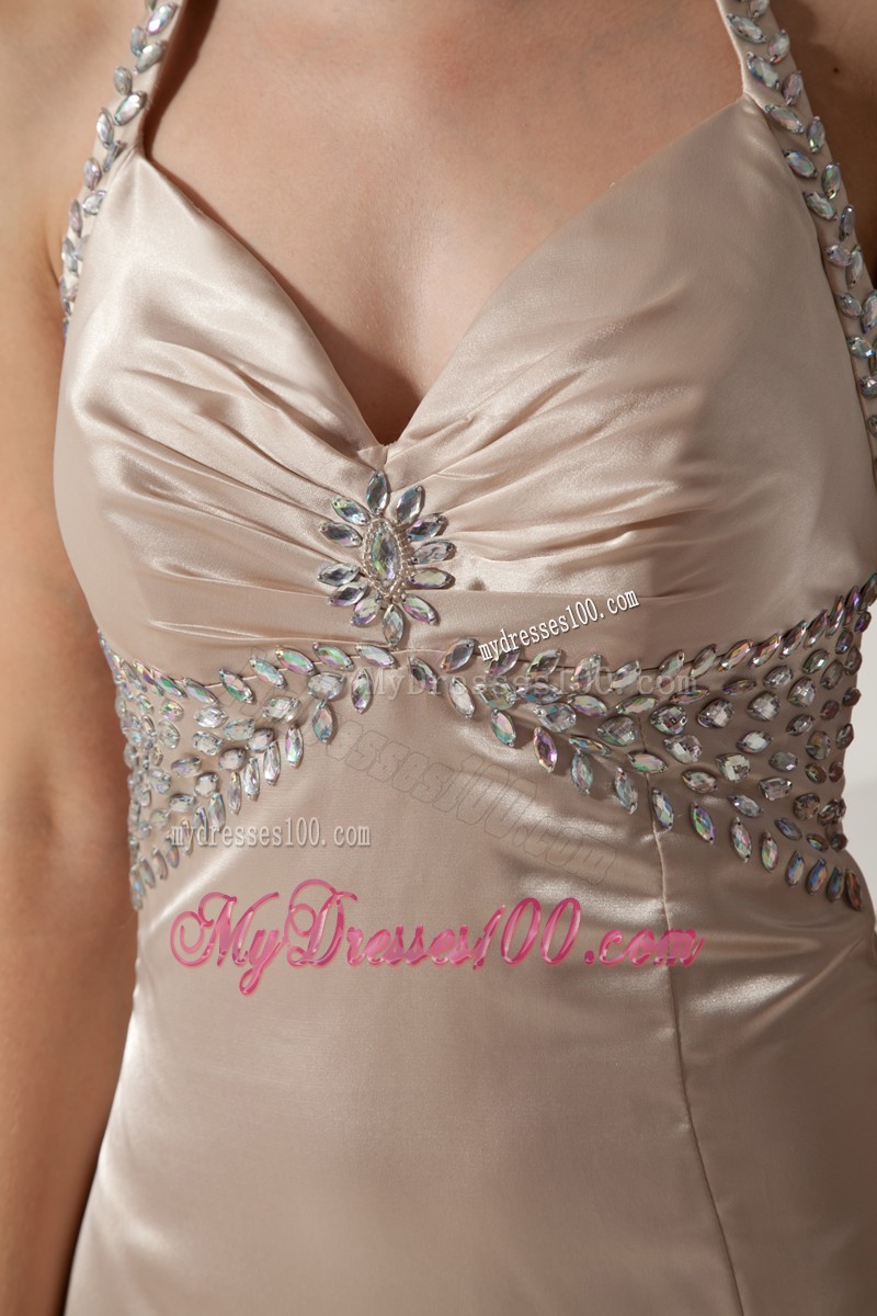 High Slit Court Train Beaded Halter Top Prom Evening Dresses in Champagne