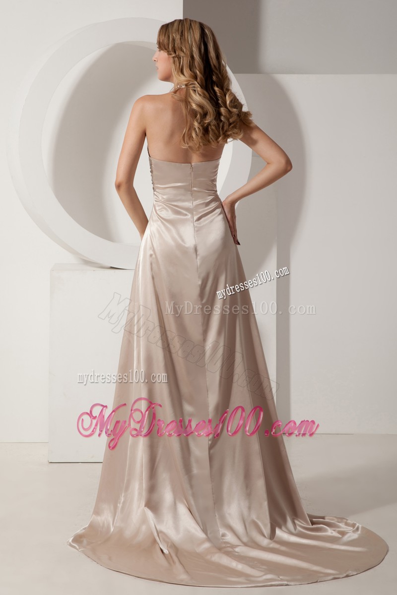 High Slit Court Train Beaded Halter Top Prom Evening Dresses in Champagne