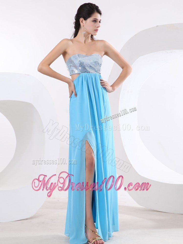 Unique Sequin Bodice High Slit and High-low Aqua Blue Prom Dress