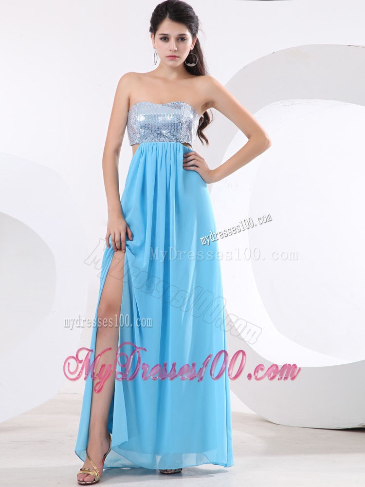 Unique Sequin Bodice High Slit and High-low Aqua Blue Prom Dress