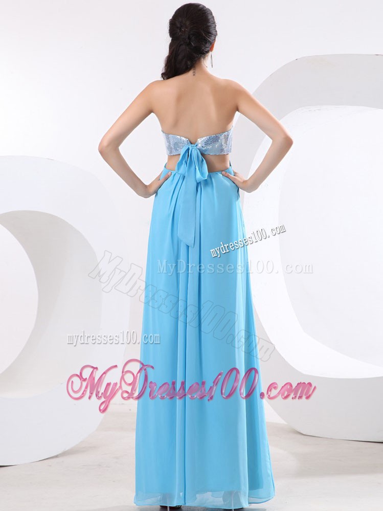 Unique Sequin Bodice High Slit and High-low Aqua Blue Prom Dress