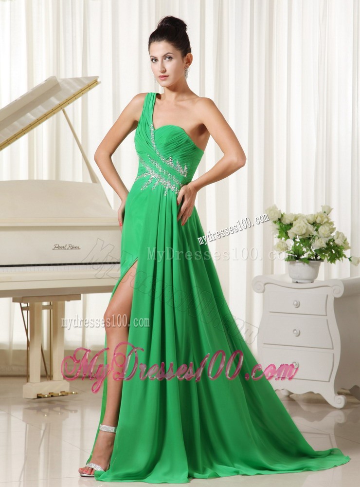 One Shoulder Beading Decorated Spring Green Prom Party Dress with High-Slit