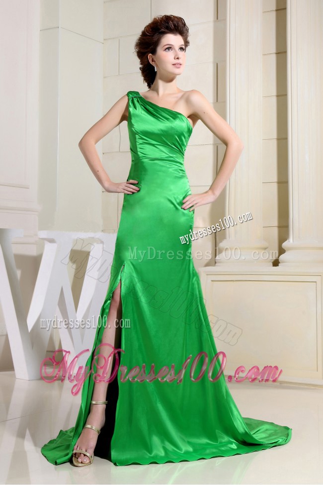 Spring Green Court Train High Slit Prom Evening Dress with One Shoulder
