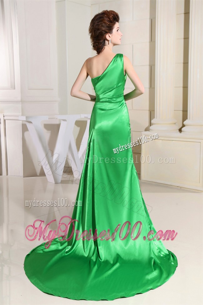 Spring Green Court Train High Slit Prom Evening Dress with One Shoulder