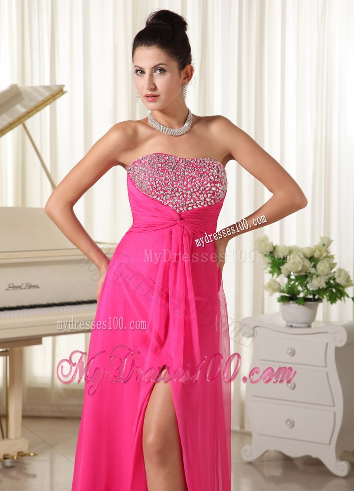 Strapless Beading Decorated Prom Party Dresses with High Slit in Hot Pink