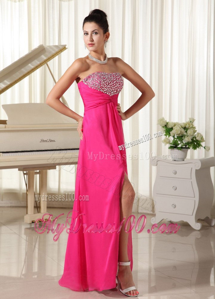 Strapless Beading Decorated Prom Party Dresses with High Slit in Hot Pink