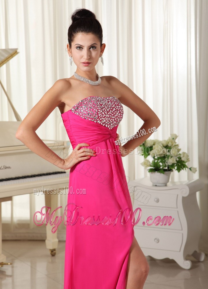 Strapless Beading Decorated Prom Party Dresses with High Slit in Hot Pink
