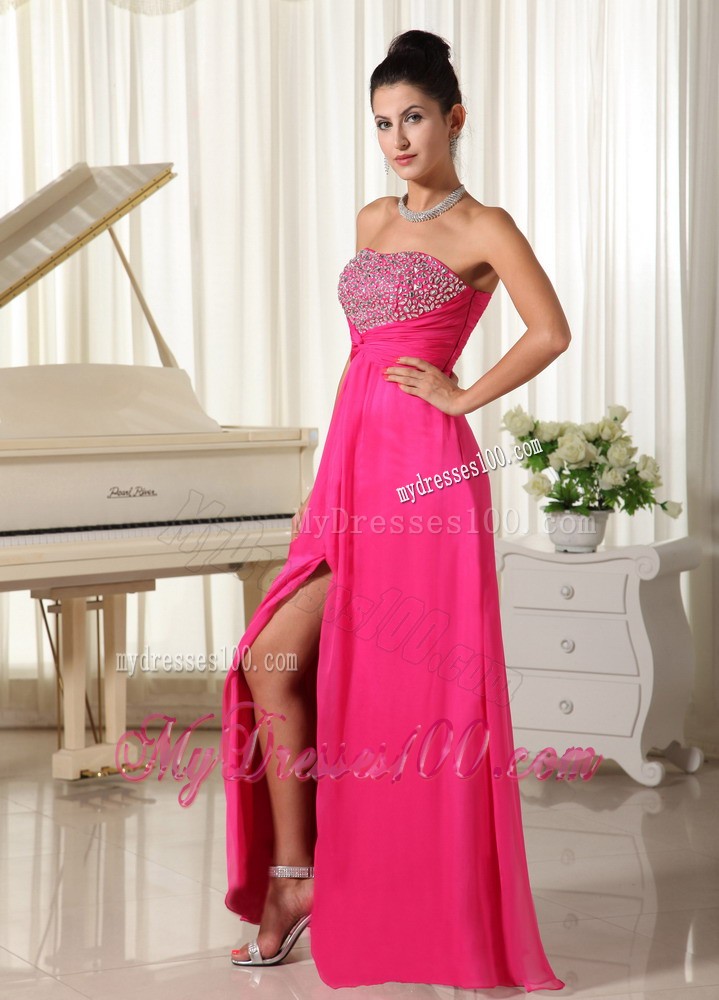 Strapless Beading Decorated Prom Party Dresses with High Slit in Hot Pink