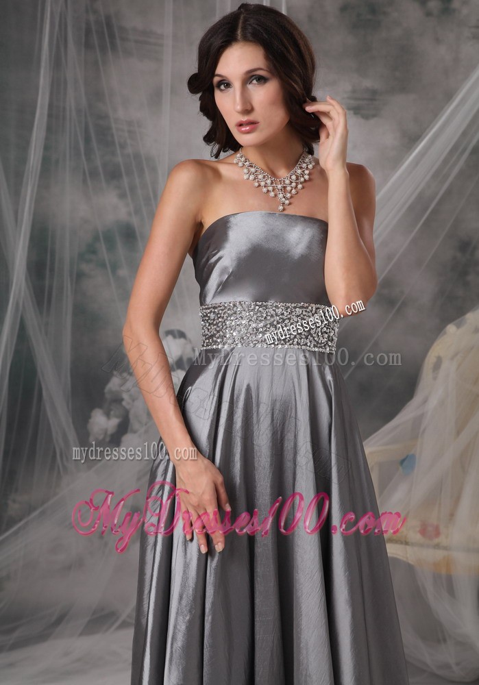 Strapless a-Line Ruched and Beaded Prom Evening Dresses in Dark Silver