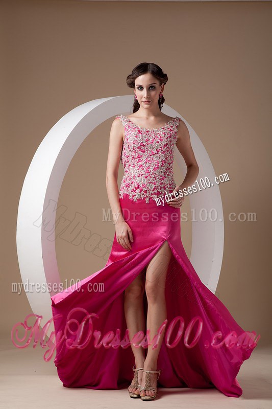 Sweet Fuchsia Column Evening Dress Scoop Elastic Woven Satin Appliques Brush Train