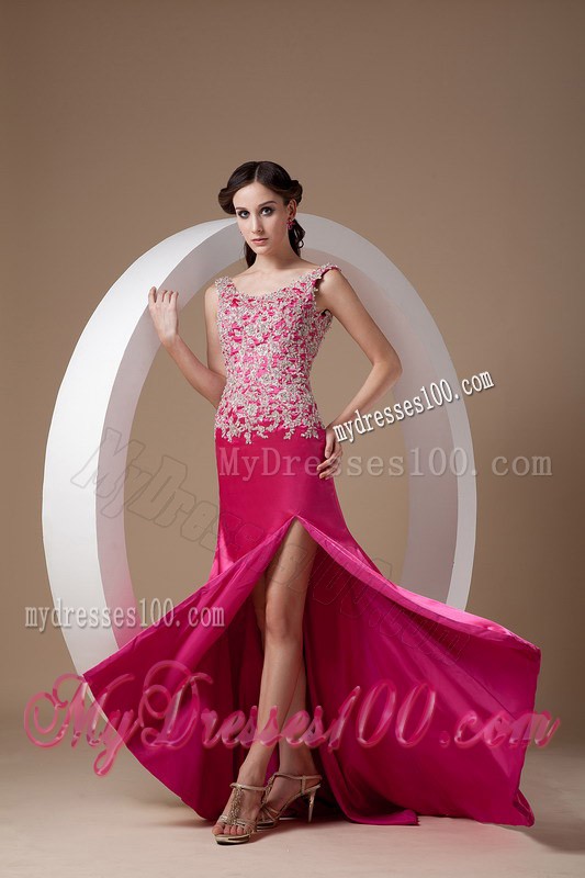 Sweet Fuchsia Column Evening Dress Scoop Elastic Woven Satin Appliques Brush Train