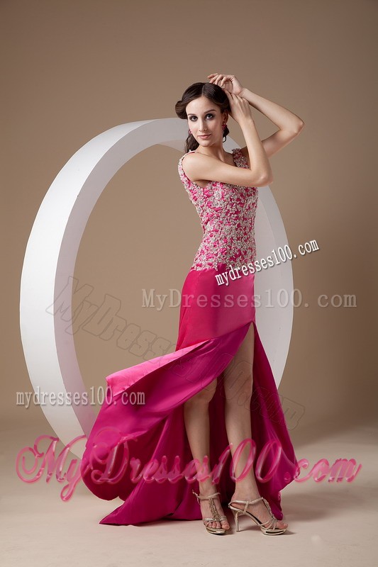 Sweet Fuchsia Column Evening Dress Scoop Elastic Woven Satin Appliques Brush Train