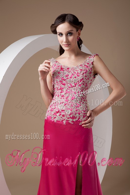 Sweet Fuchsia Column Evening Dress Scoop Elastic Woven Satin Appliques Brush Train