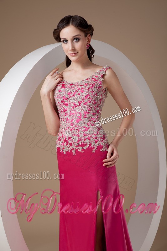 Sweet Fuchsia Column Evening Dress Scoop Elastic Woven Satin Appliques Brush Train