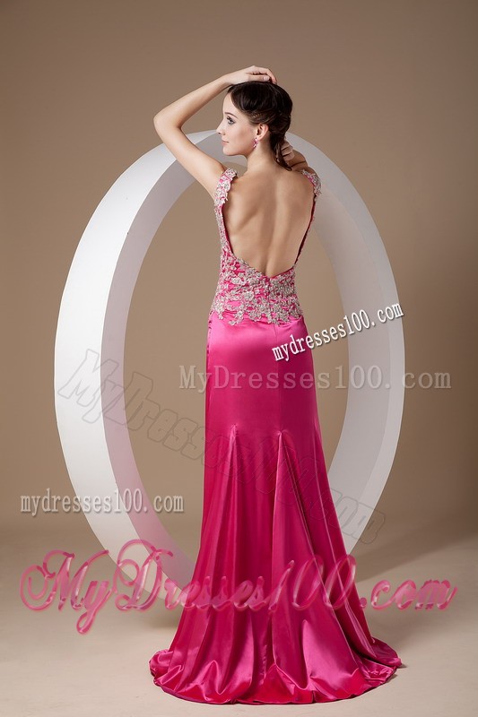Sweet Fuchsia Column Evening Dress Scoop Elastic Woven Satin Appliques Brush Train
