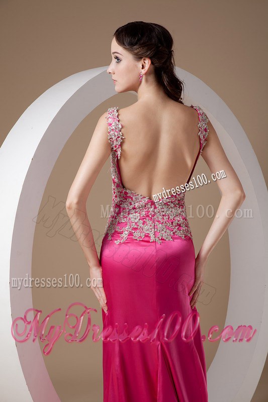 Sweet Fuchsia Column Evening Dress Scoop Elastic Woven Satin Appliques Brush Train