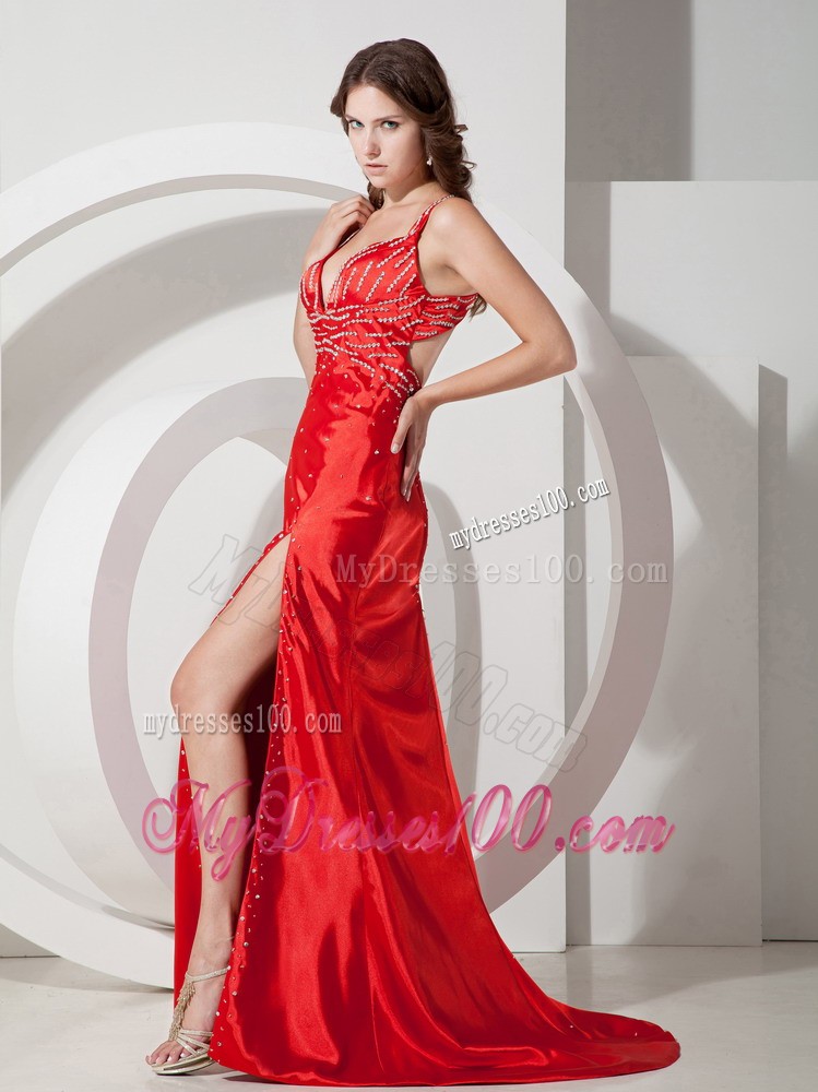 Pretty Red Column High Slit Prom Dresses with Beaded Straps