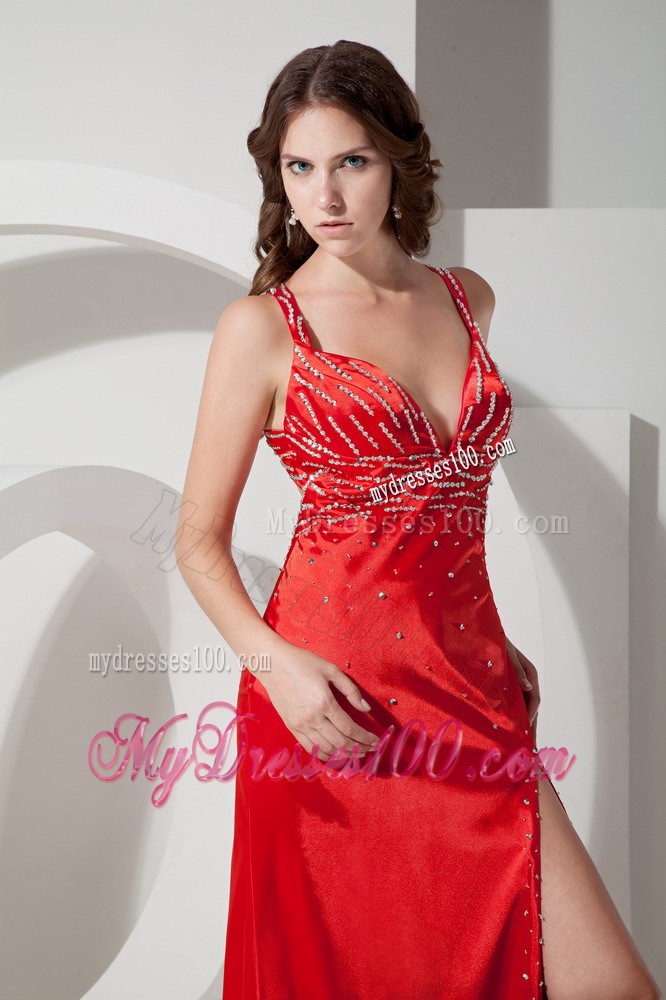 Pretty Red Column High Slit Prom Dresses with Beaded Straps