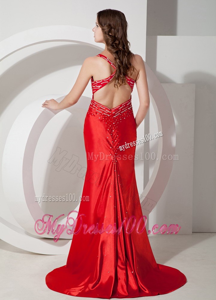 Pretty Red Column High Slit Prom Dresses with Beaded Straps