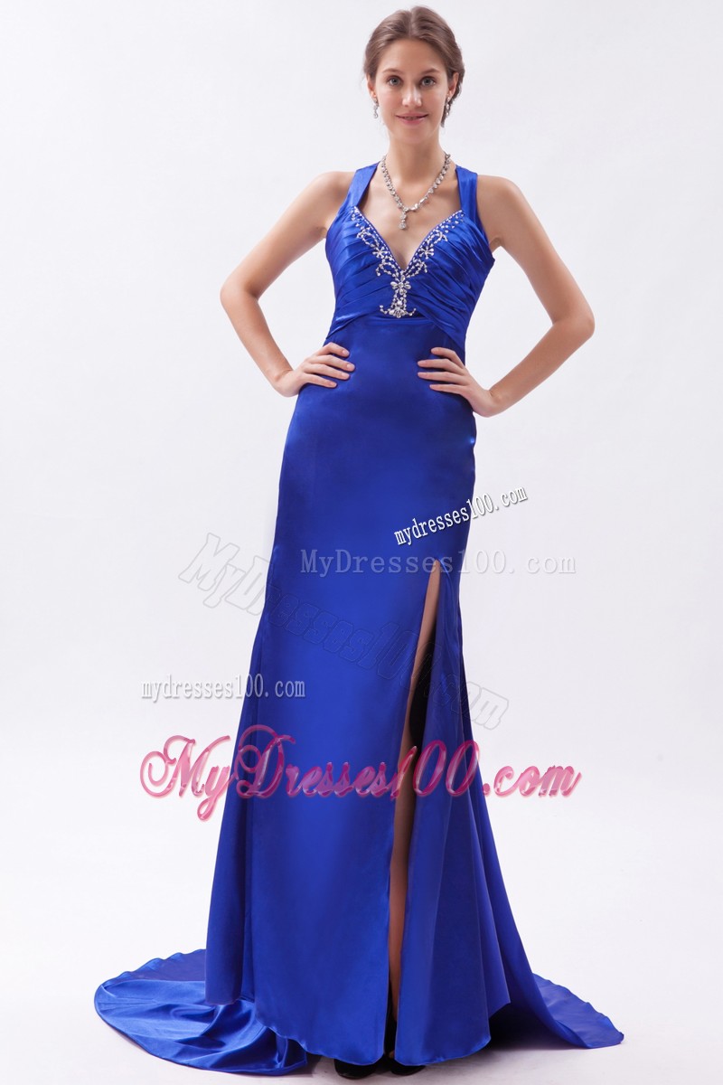 Straps Beading High Slit Evening Royal Blue Dresses for Celebrity Criss Cross Back