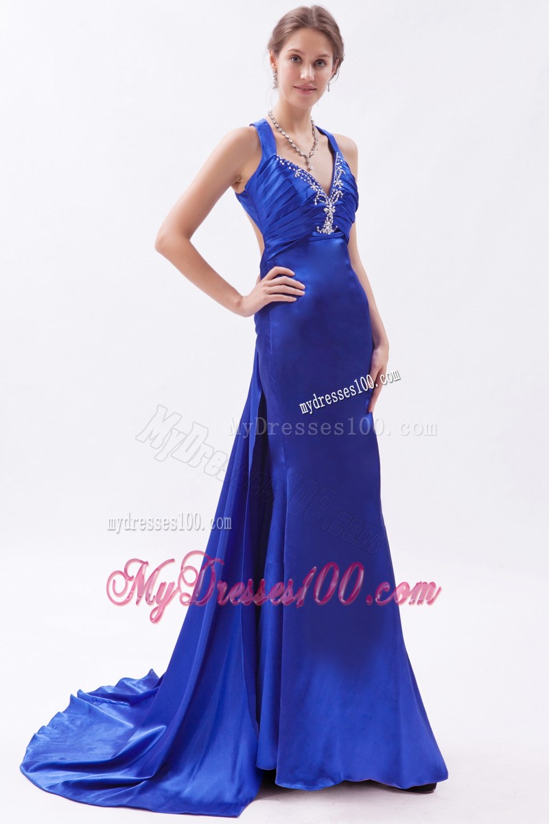Straps Beading High Slit Evening Royal Blue Dresses for Celebrity Criss Cross Back