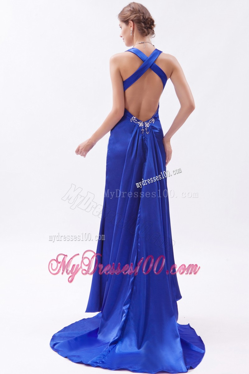 Straps Beading High Slit Evening Royal Blue Dresses for Celebrity Criss Cross Back