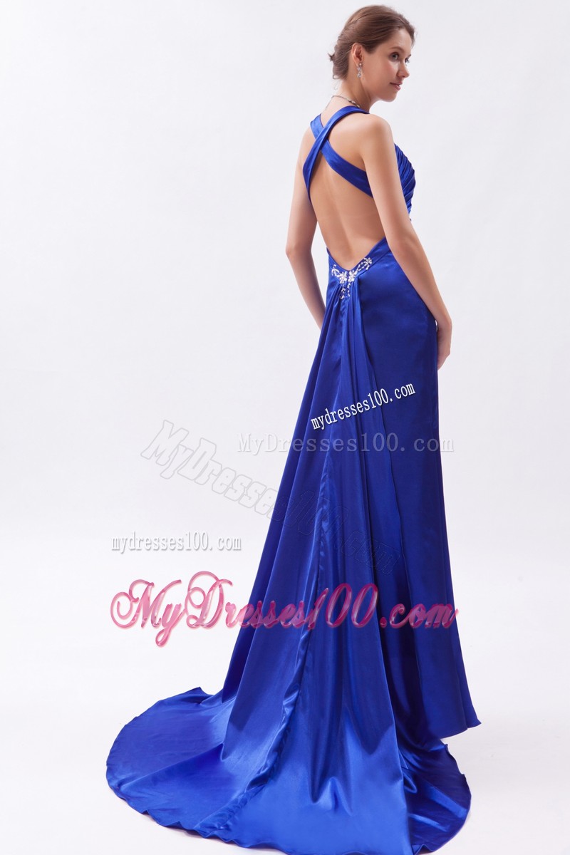 Straps Beading High Slit Evening Royal Blue Dresses for Celebrity Criss Cross Back