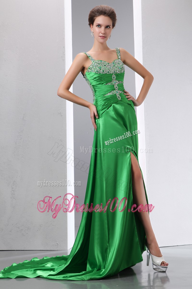 Beading and Slit Decorate Green Brush Prom Dresses