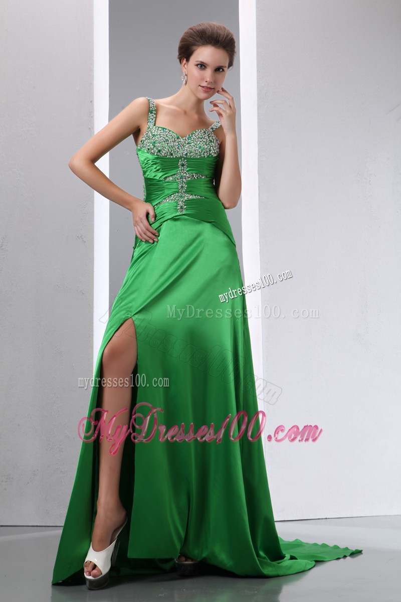 Beading and Slit Decorate Green Brush Prom Dresses