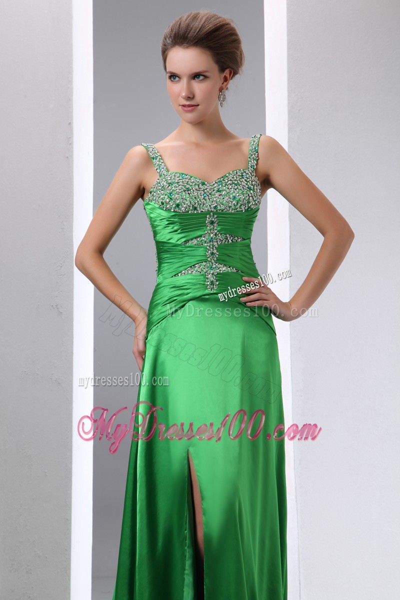 Beading and Slit Decorate Green Brush Prom Dresses
