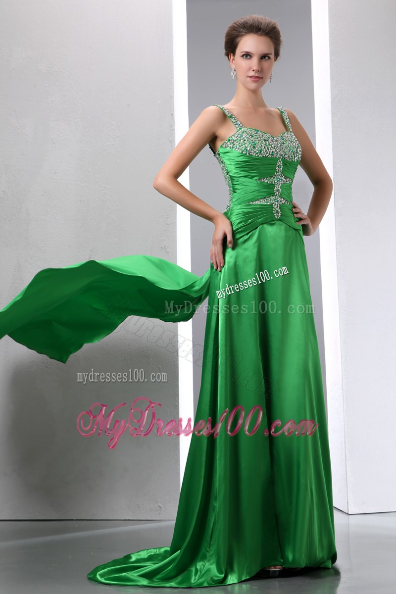 Beading and Slit Decorate Green Brush Prom Dresses