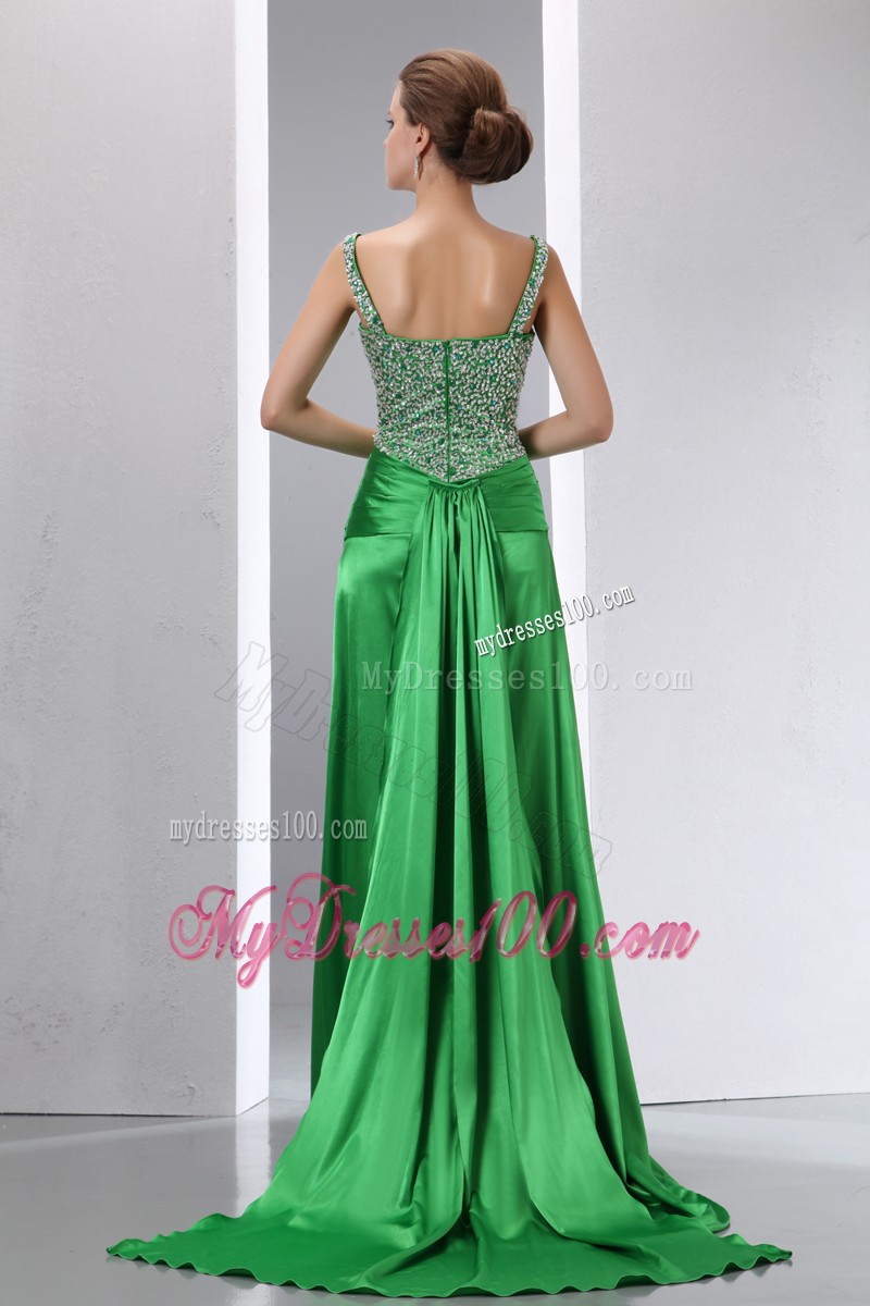 Beading and Slit Decorate Green Brush Prom Dresses
