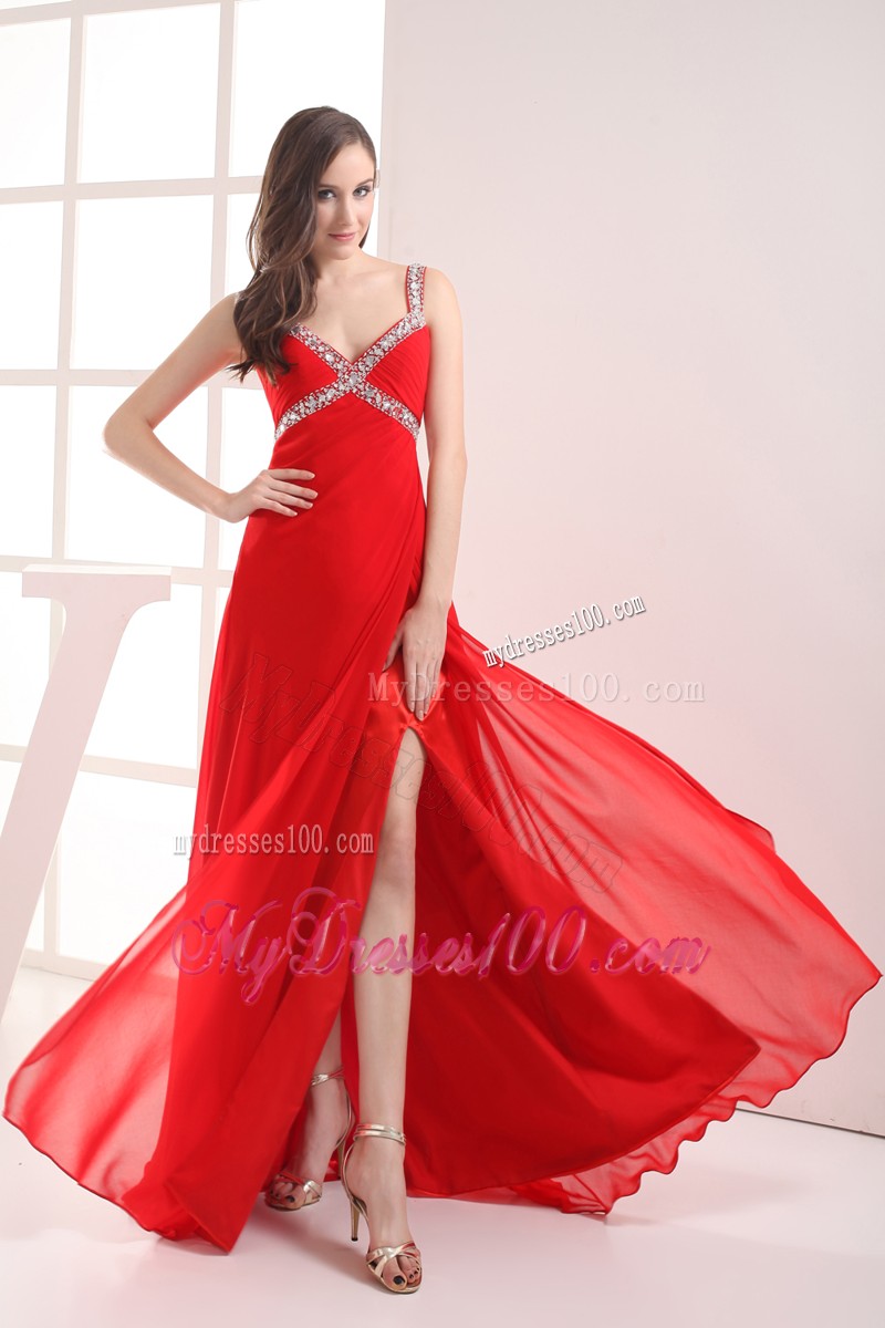 Pretty Straps High Slit Column Long Prom Dresses in Red