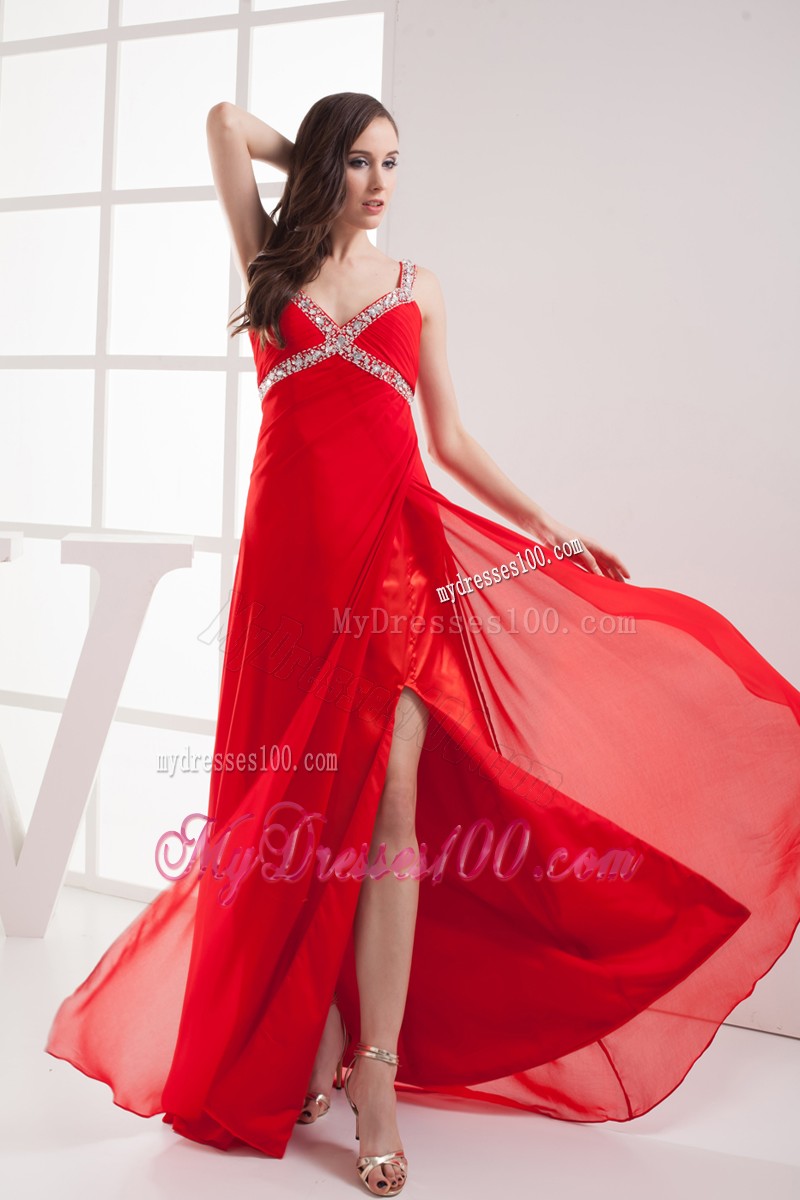 Pretty Straps High Slit Column Long Prom Dresses in Red