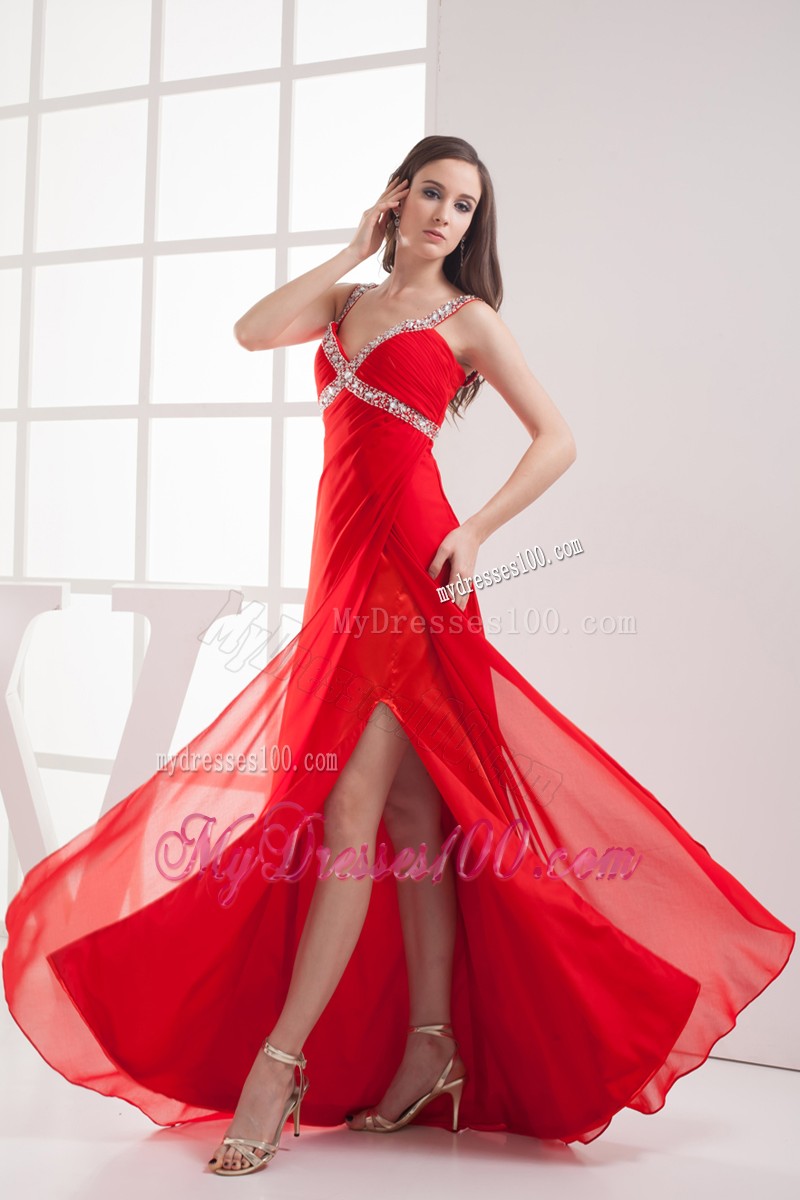 Pretty Straps High Slit Column Long Prom Dresses in Red